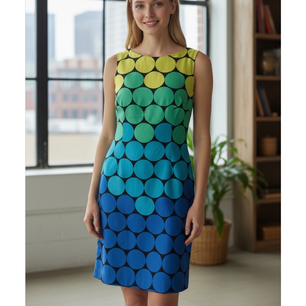 Chetta B Green and Blue Circle Pattern Midi Dress